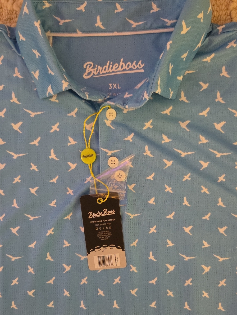 NWT BirdieBoss Men's 3XL Blue Performance Golf Polo Shirt Seagull Bird Print